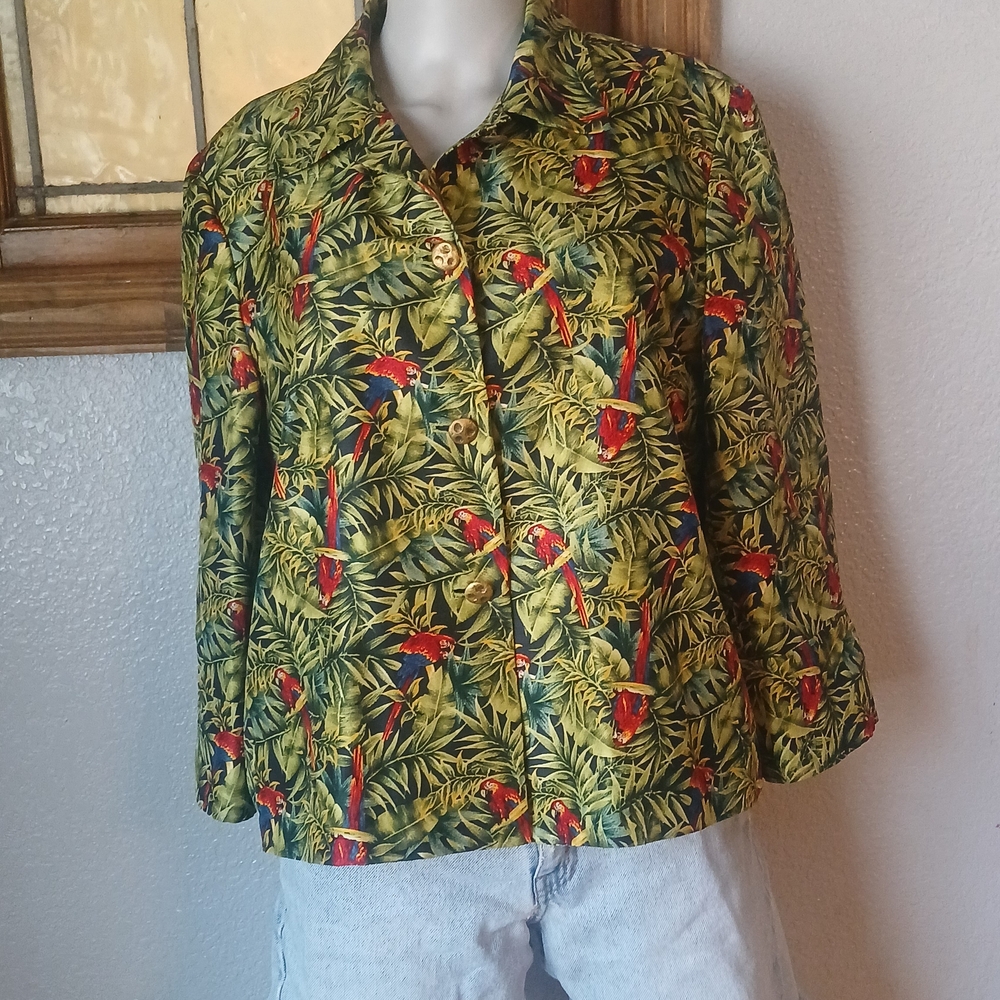 Harve Benard Silk Blazer, Tropical Parrot, Womens 14, Y2K Retro Unique Crop Boxy